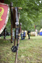 medieval event in the summer with sword, horses, weapons of all kinds