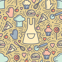 Seamless pattern with kitchen attributes and meal. Suitable for wallpaper, wrapping or textile