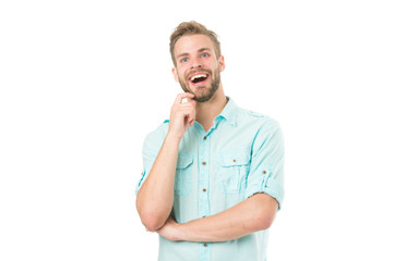 Celebrate good result. Solution for all problems. Find solution. Man with bristle smiling face...