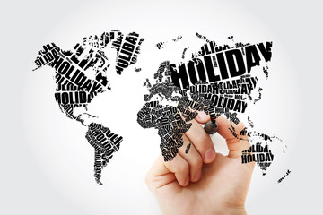 HOLIDAY word in shape of World Map Typography, word cloud travel concept with marker