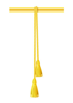Textile tassel hang at rope. Decorative brush element. Hanging