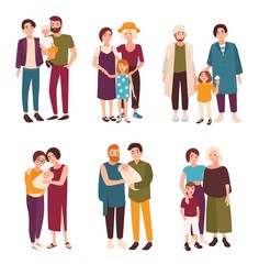 Collection of cute gay and lesbian couples standing together with their children. Happy homosexual families with kids. Flat cartoon characters isolated on white background. Vector illustration.