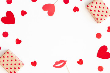 Valentine's day background with party accessories. Valentines day concept. Flat lay, top view, copy space