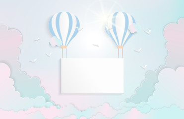 illustrated blue balloons with beautiful shapes. there is a frame for writing pastel background and Cloud. Vector illustration.Wallpaper. flyers, invitation, posters,paper art 3d