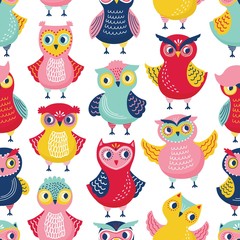 Seamless pattern with cute funny owls or owlets on white background. Childish backdrop with intelligent forest birds. Flat cartoon vector illustration for wrapping paper, wallpaper, textile print.