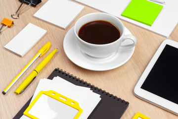 Corporate identity design template on wooden desk close up