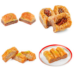Tasty turkish sweets collage isolated on white