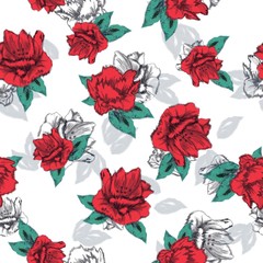 Red roses seamless pattern in vector and on white background.