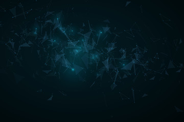 Plexus Abstract background. Modern futuristic geometric design. Flying blue triangles in the dark. Glowing lights. Glowing connected triangles. Vector illustration