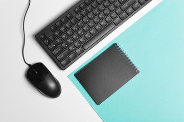 Computer keyboard and mouse on color block background, office interior