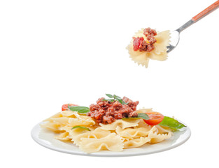 Spaghetti bolognese sauce with beef or pork,cheese,tomatoes and spices on white plate