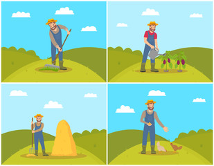 Farmer on Field Watering Plant Vector Illustration