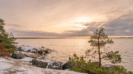 Winter sunset and the golden hour in Turku archipelago. January 2019.