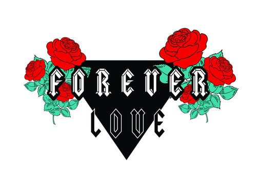 Forever Love text with red roses, trendy fashion print.
