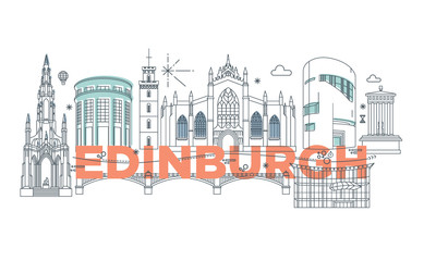 Obraz premium Typography word Edinburgh branding technology concept. Collection of flat vector web icons. Scotland culture travel set, architectures, specialties detailed silhouette. Doodle European famous landmark