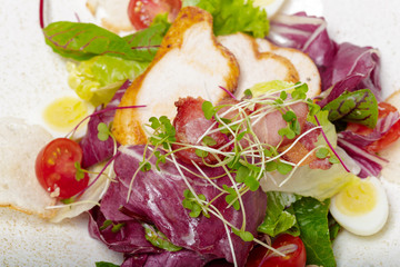 salad with chicken on a white plate on a light background