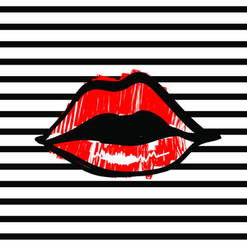 Lip print on black stripe pattern in red color and vector.Hand drawing print.