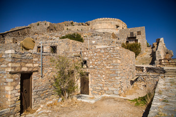 Historic architectural buildings on the island of Spinalonga. Buildings in the Spinalonga fortress in Crete, Greece.