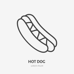 Hot dog flat line icon. Vector thin sign of fast food, hotdog cafe logo. Sausage in bread illustration for restaurant menu