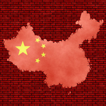 Illustration of a Chinese flag imitating a paiting on the cracked wall with a contour of its border