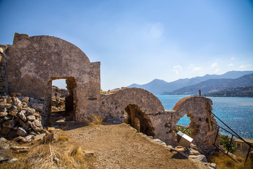 Ruins of apartments on the island of Spinalonga. Spinalonga fortress on the island of Crete, Greece.