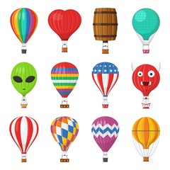 Aerostat Balloon transport with basket set isolated on white background, Cartoon air-balloon different shapes ballooning adventure flight, ballooned traveling flying toy, Vector illustration