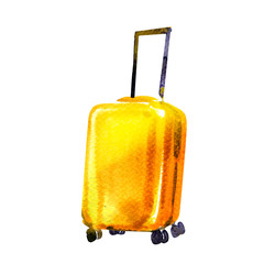 Travel bag, yellow wheeled suitcase isolated, icon, symbol of tourist trip, summer vacation and travel concept, hand drawn watercolor illustration on white background