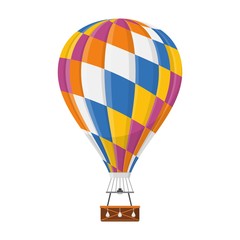 Aerostat Balloon transport with basket icon isolated on white background, Cartoon mosaic rainbow air-balloon ballooning adventure flight, ballooned traveling flying toy, Vector illustration