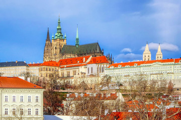 Panorama of Prague Castle (Prazsky hrad) with Saint Vitus Cathedral in Prague (Praha), Czech Republic