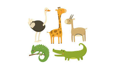 Flat vector set of African animals. Wild creatures. Cute cartoon characters. Elements for mobile game or children book