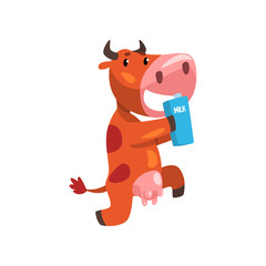 Funny brown cow with carton of milk, farm animal cartoon character, design element can be used for advertising, milk package, baby food vector Illustration