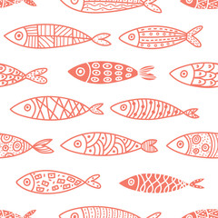 Decorative fish in coral color. Fashionable vector seamless pattern. Sea background. Seamless pattern can be used for wallpaper, pattern fills, web page background, surface textures.