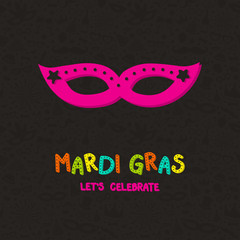 Mardi Gras greeting card with colorful hand drawn mask. Vector