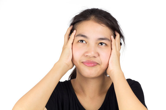 woman hand holding head feel boring her problem in white backgroung