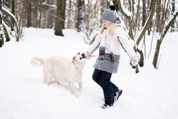 pets in nature - a beautiful golden retriever plays with the owner with a stick in a winter snow-covered forest