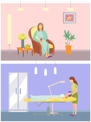 Cosmetician and Calm Woman Sitting in Chair Vector