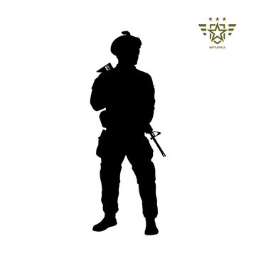 Black silhouette of standing american soldier. USA army. Military man with weapon. Isolated warrior image