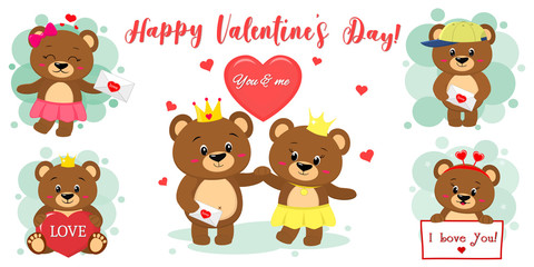 Happy Valentines Day. Set of six cute brown bear characters in different poses and accessories in cartoon style. With a red heart, balloon, letter. Flat design vector