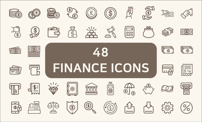 Set of 48 Finance and Money Related Vector Icons.Contains such Icons as money, bank, credit card, wallet, cash, safe, budget, piggy bank, loan, payment and more. customize color, easy resize.