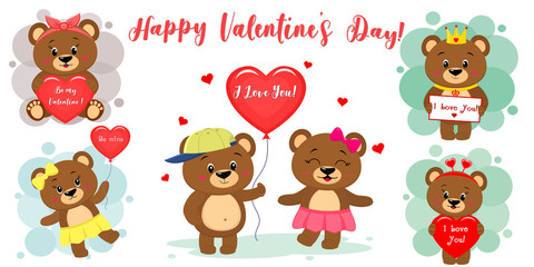 Obraz premium Happy Valentines Day. Set of six cute brown bear characters in different poses and accessories in cartoon style. With a red heart, balloon, letter. Flat design vector