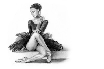 ballerina black. the dancer is sitting. girl. pencil drawing. graphics © Nadin