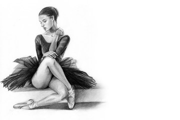 ballerina black. the dancer is sitting. girl. pencil drawing. graphics © Nadin