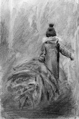 girl in a coat and a hat. Carries a Christmas tree. graphics. pencil drawing