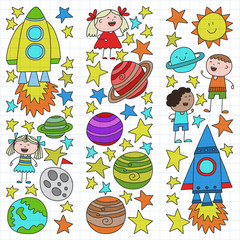 Vector set of space elements icons in doodle style. Painted, colorful, on a sheet of checkered paper on a white background.