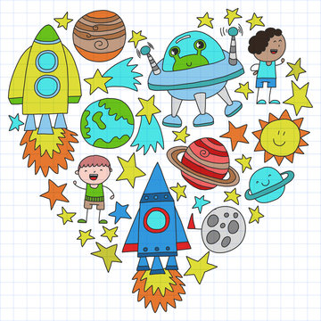 Vector set of space elements icons in doodle style. Painted, colorful, on a sheet of checkered paper on a white background.