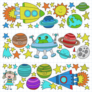 Vector set of space elements icons in doodle style. Painted, colorful, on a sheet of checkered paper on a white background.