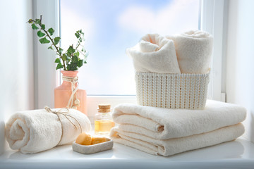 Bathroom towels and soap empty space background,shower items. - obrazy, fototapety, plakaty