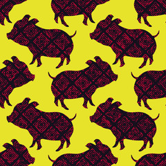 Seamless pattern with Chinese New Year symbol. Yellow Earth Pig. Graphic element for design. Can be used for wallpaper, textile, invitation card, wrapping, web page background.