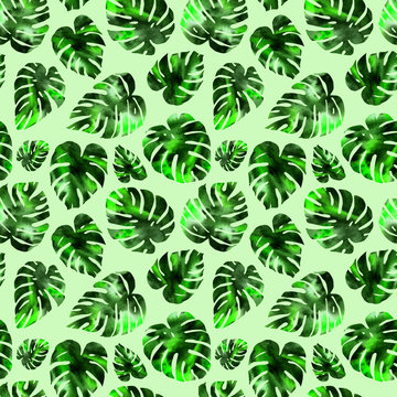 Watercolor hand-drawn tropical monstera leaves seamless pattern © Elena