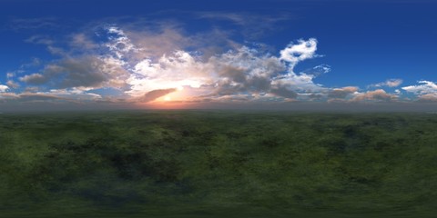HDRI, environment map , Round panorama, spherical panorama, equidistant projection, panorama 360, panoramic landscape of green hills under a sky with clouds and the sun,